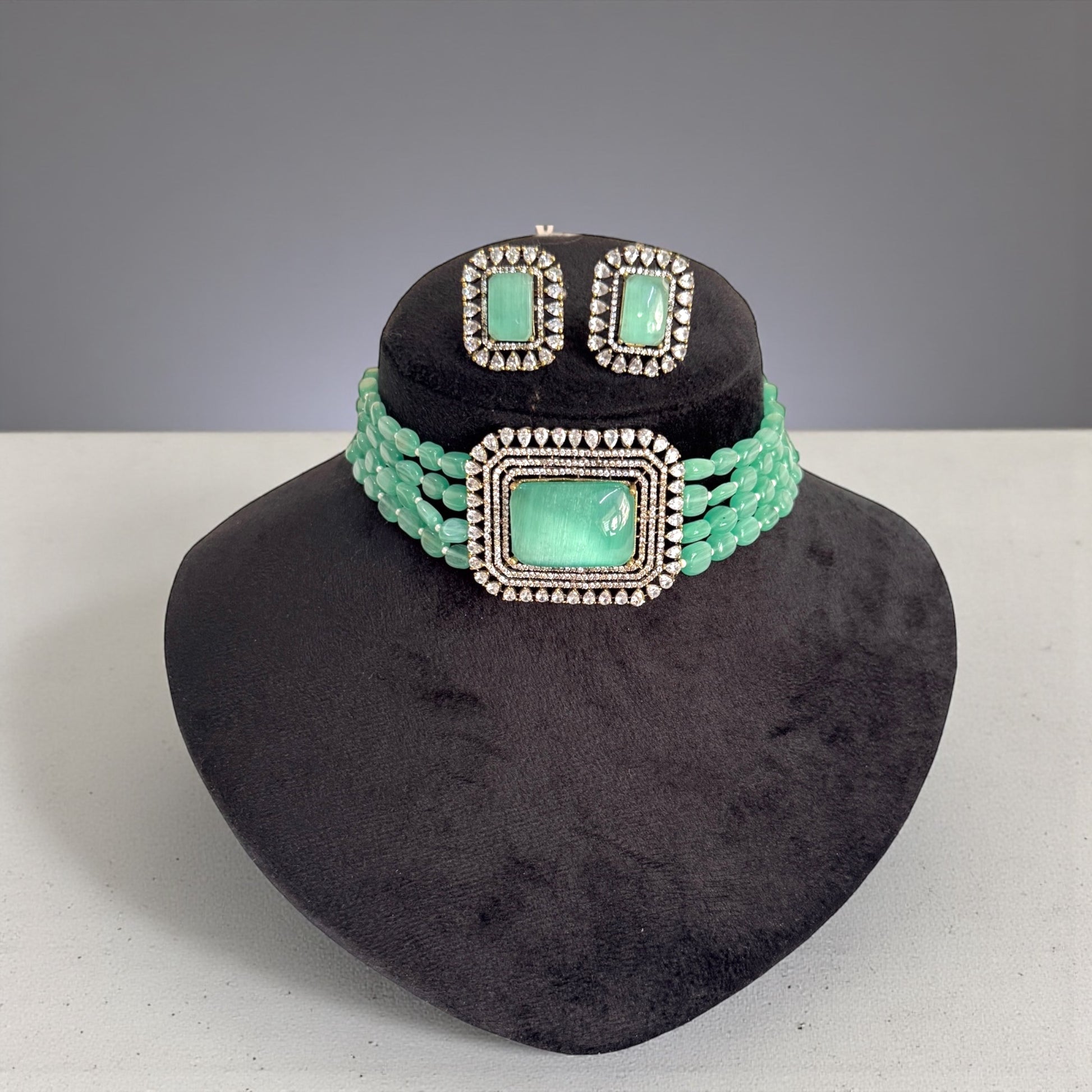 Miaraa Amayra Aqua Green Polki Kundan Necklace Set