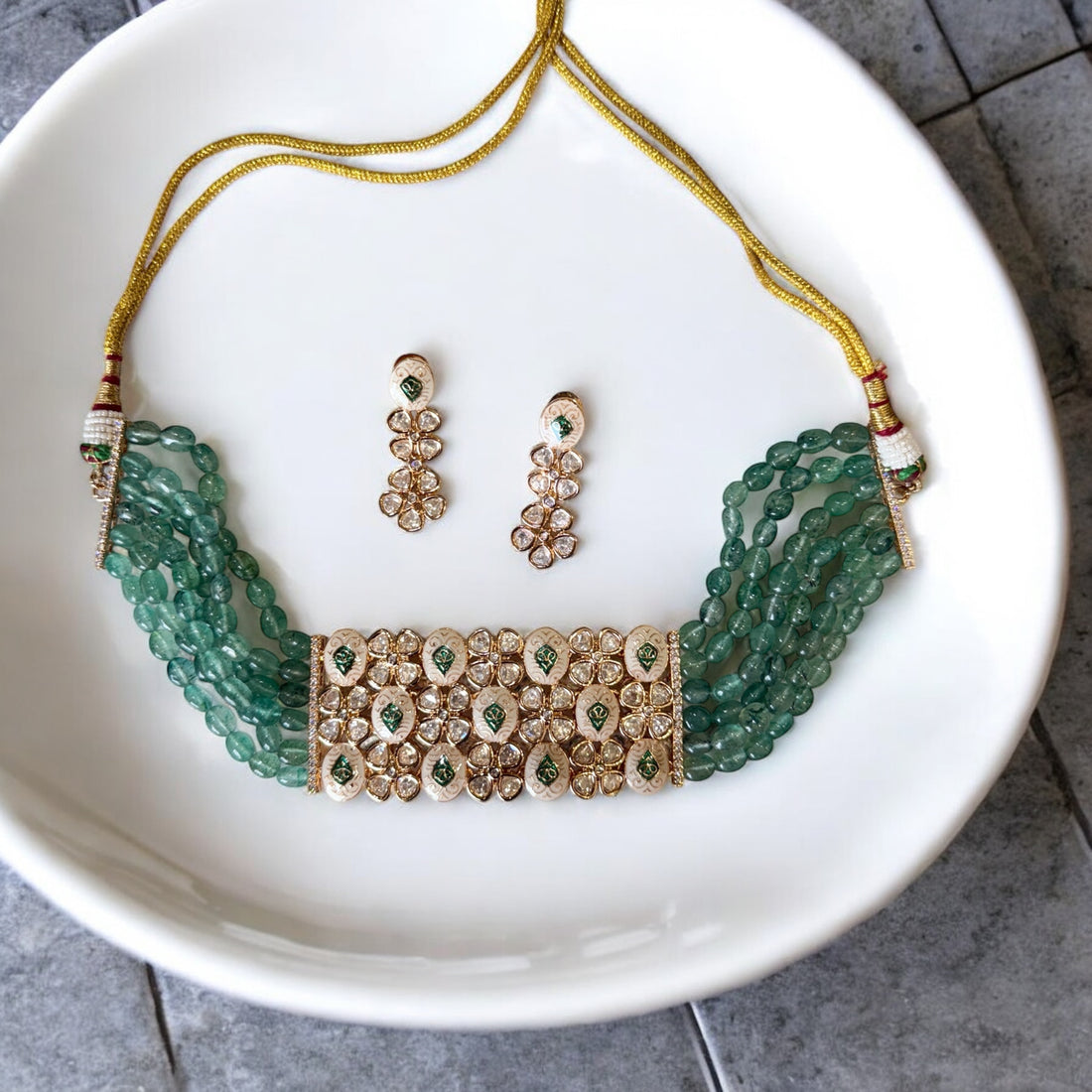 Jahnavi Green Polki Necklace Set - MIARAA