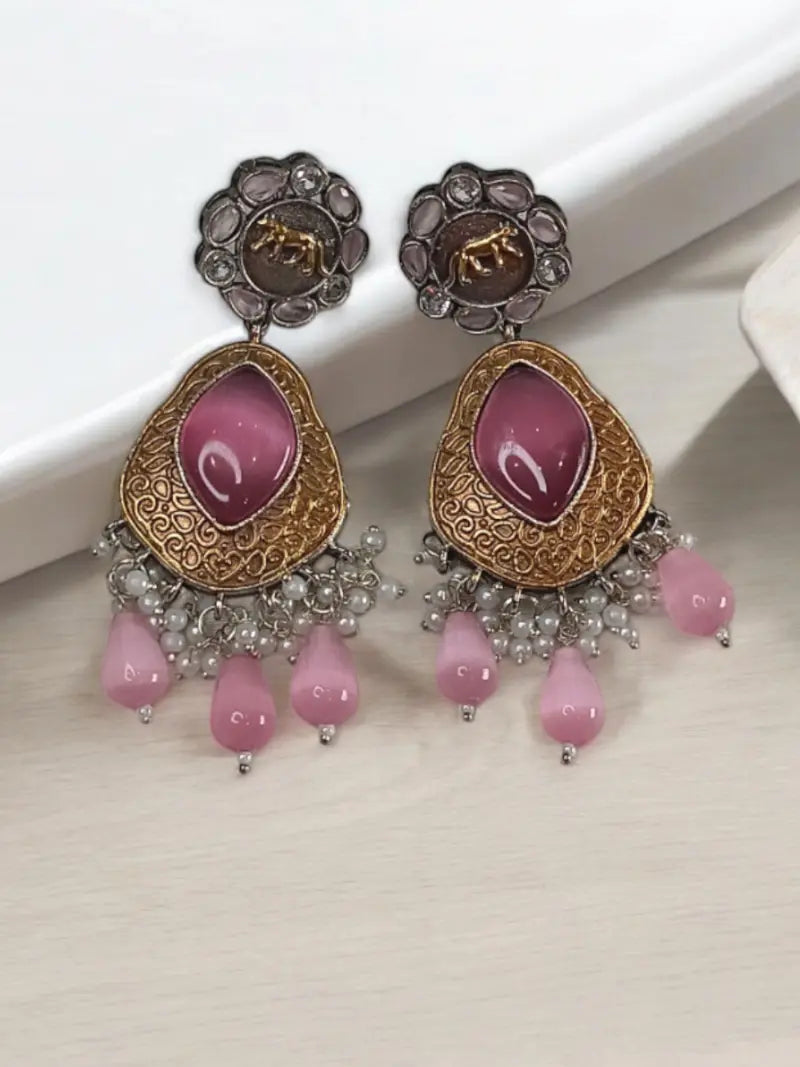 Pastel Pink Monalisa Stone Fusion Gold-Silver Earrings - MIARAA
