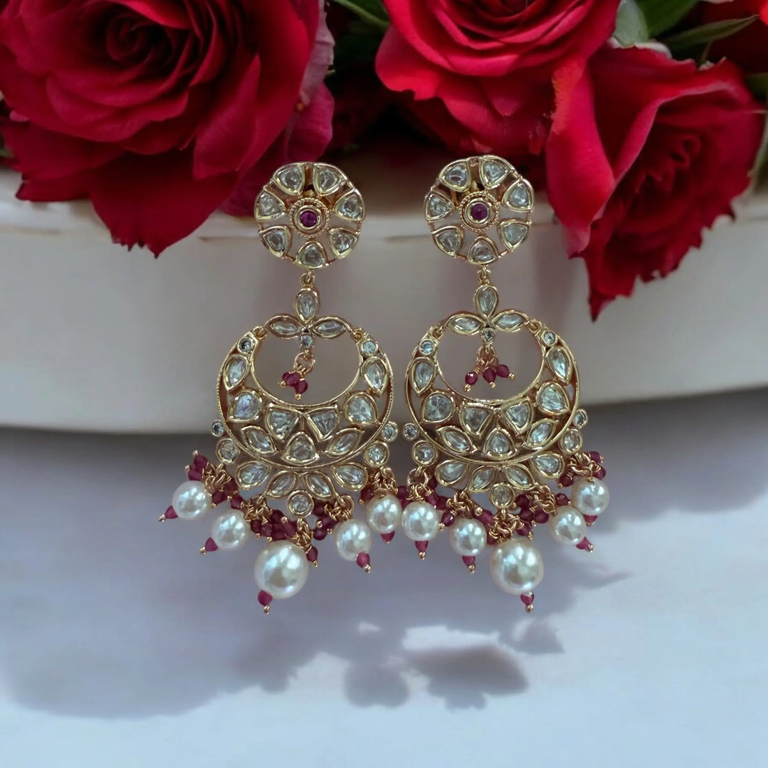 Mohini Ruby Pink Moissanite Polki Earrings - MIARAA