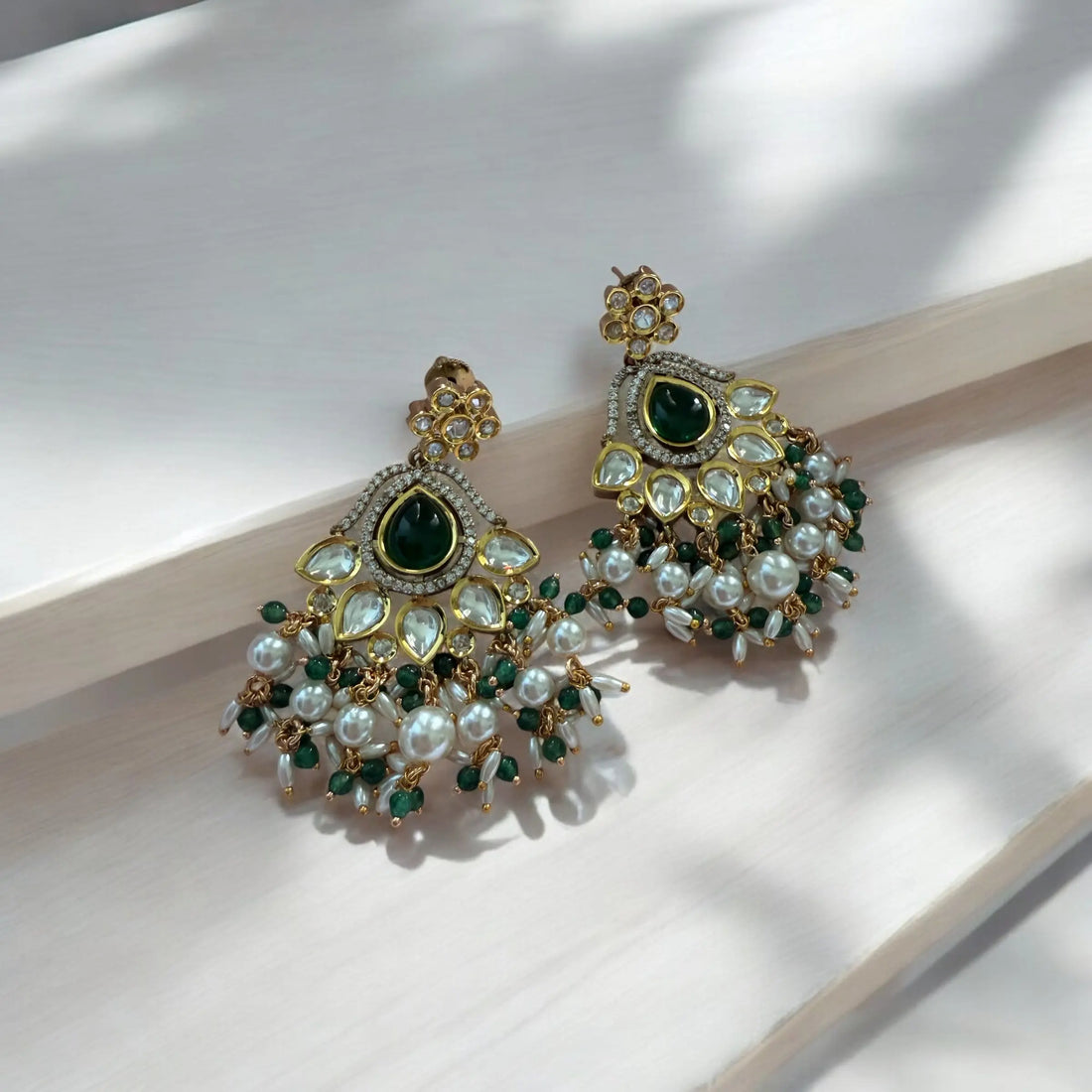 Kalam Green Moissanite Polki Earrings - MIARAA