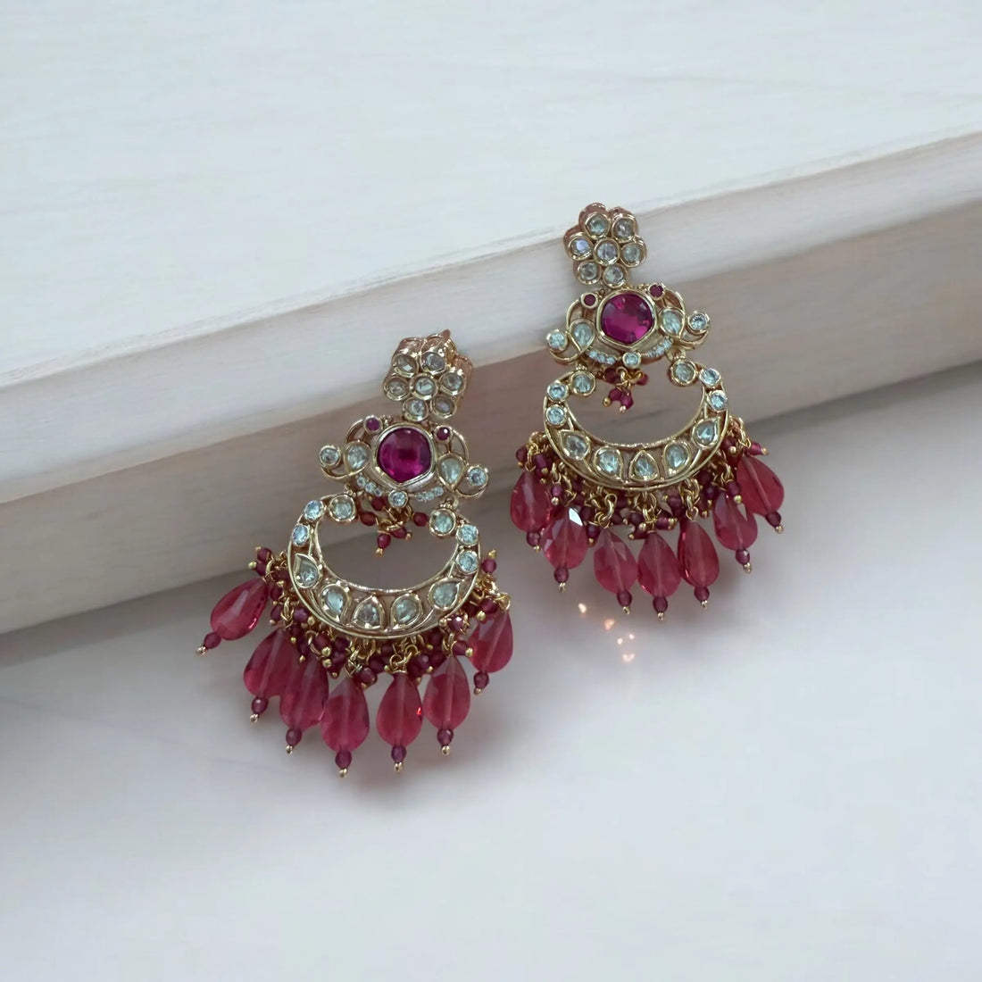 Twesh Rose Pink Moissanite Polki Earrings - MIARAA