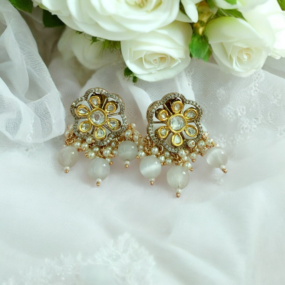 Diya Ivory Moissanite Polki Studs - MIARAA