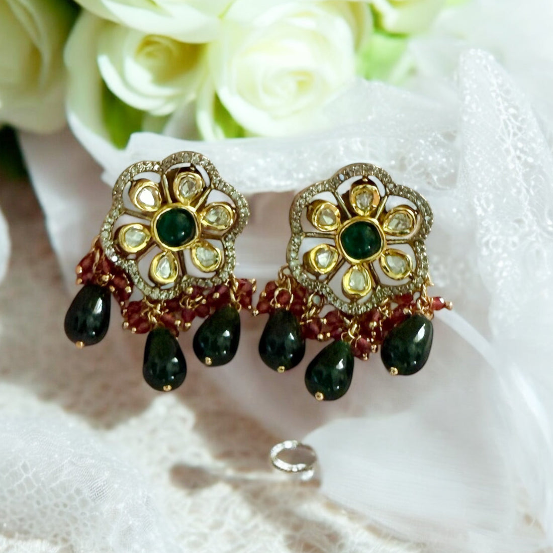 Diya Green Maroon Moissanite Polki Studs - MIARAA