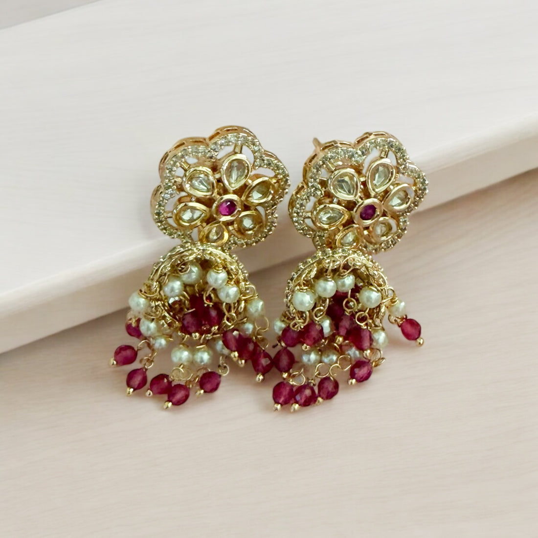 Jinal Ruby Pink Jumkhi Earrings - MIARAA