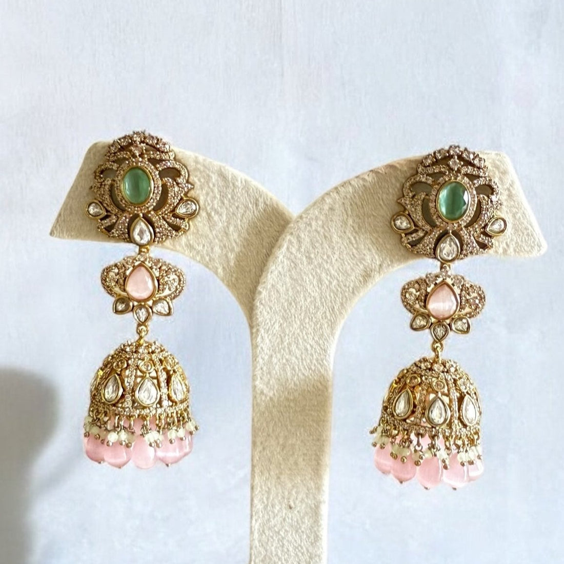 Kashvi Pastel Pink and Green Antique Finish Earrings - MIARAA