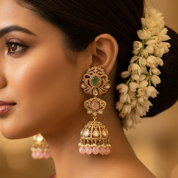 Kashvi Pastel Pink and Green Antique Finish Earrings