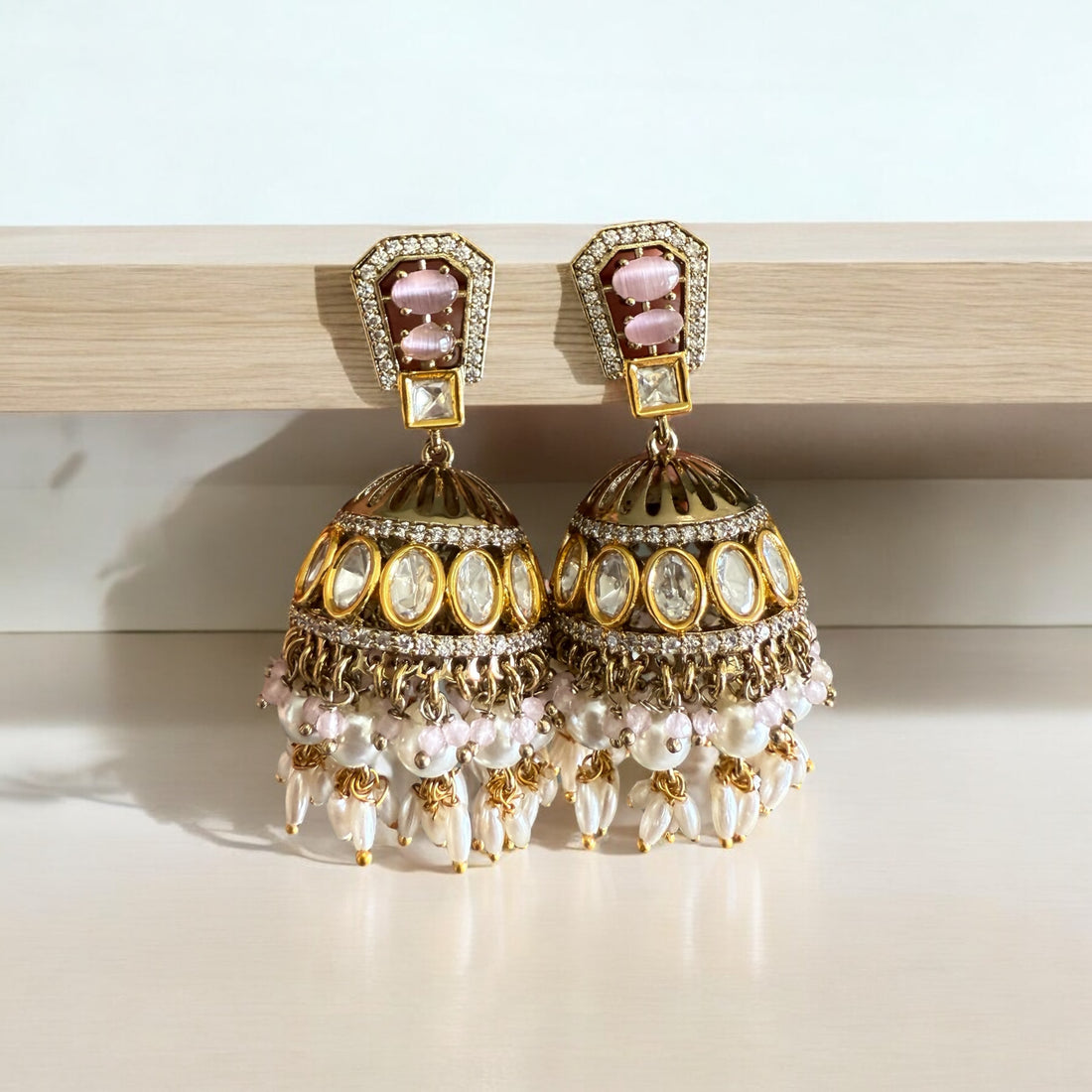 Shalini Pink Antique Finish Polki Earrings - MIARAA