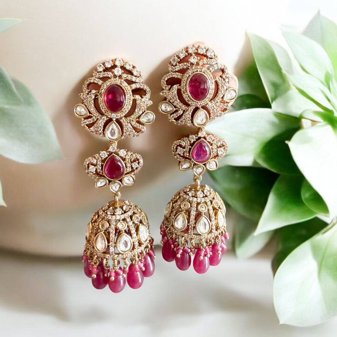 Kashvi Ruby Pink Antique Finish Earrings - MIARAA