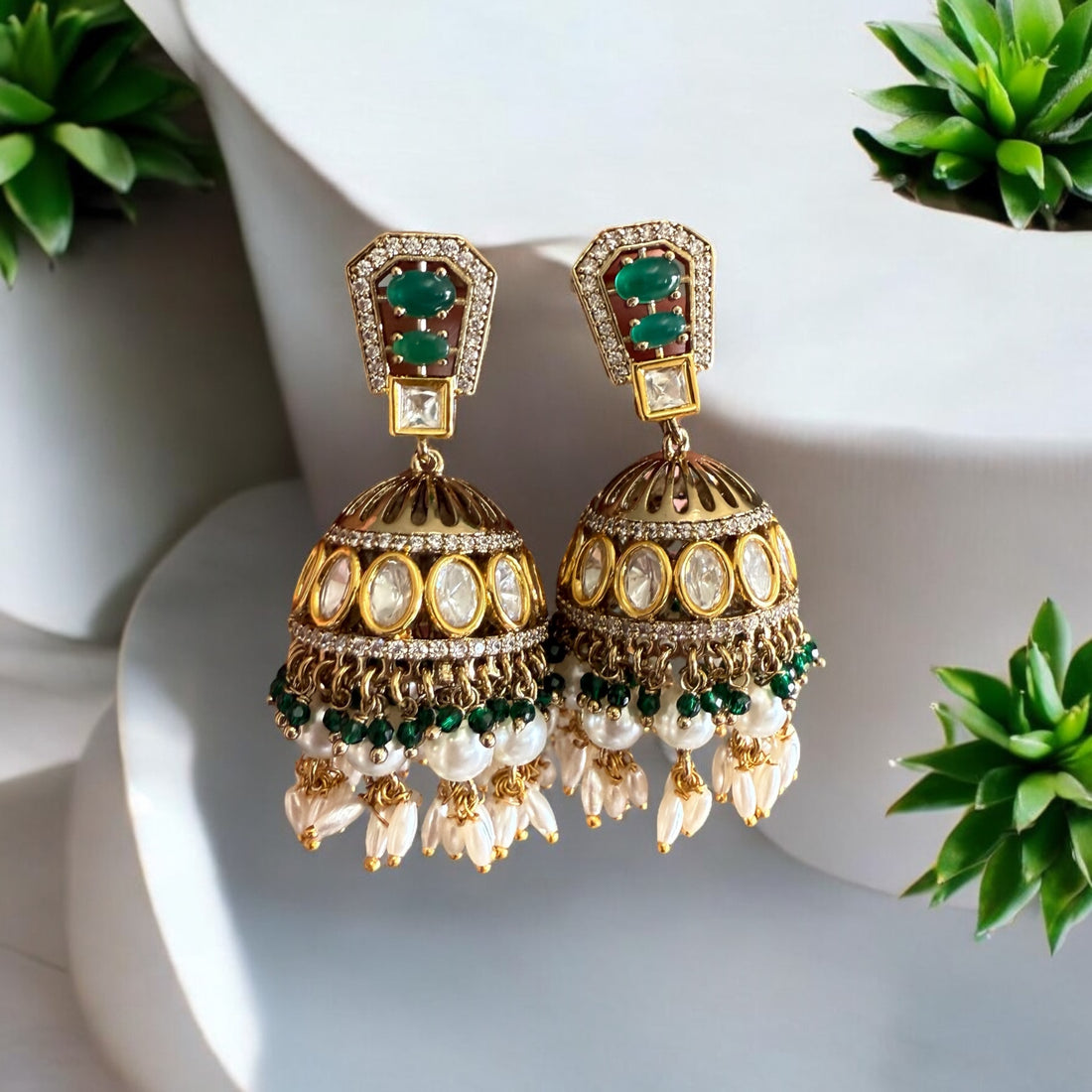 Shalini Green Antique Finish Polki Earrings - MIARAA