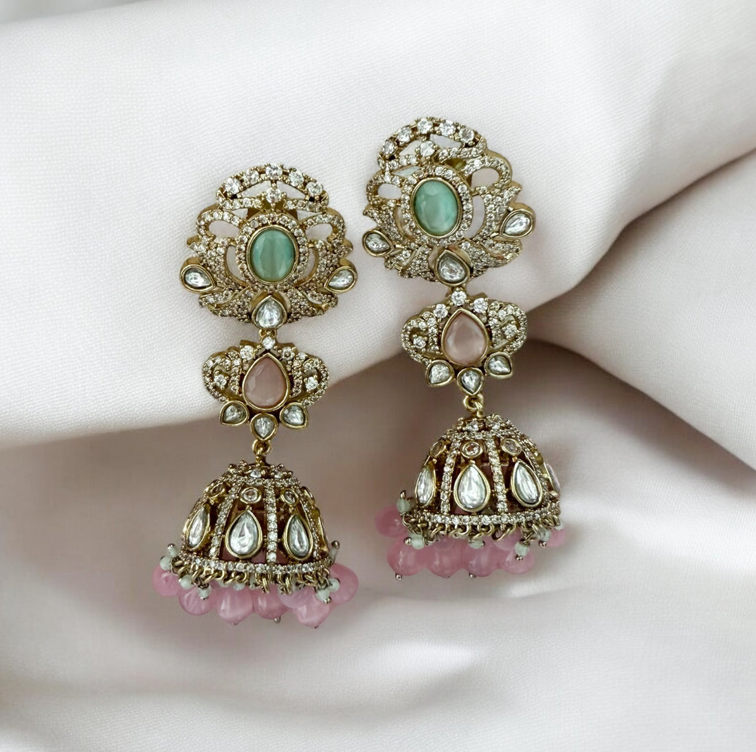 Kashvi Pastel Pink and Green Antique Finish Earrings - MIARAA