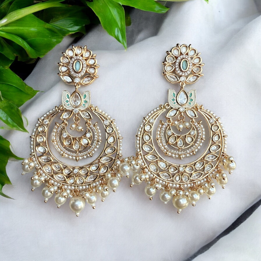 Savi White Pearl Chandbali Earrings