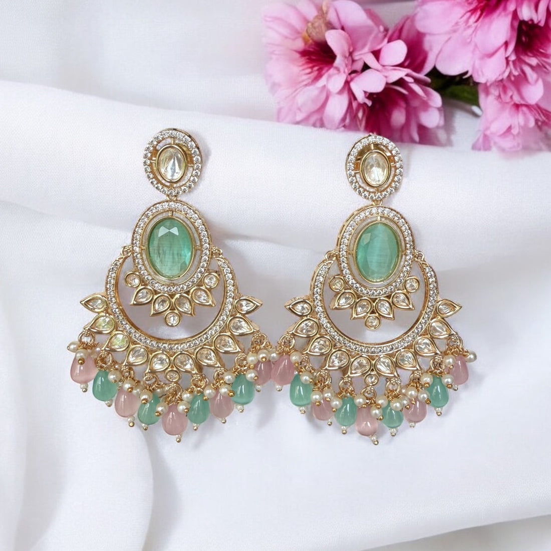 Sitara Light Pink-Green Chandbali Earrings
