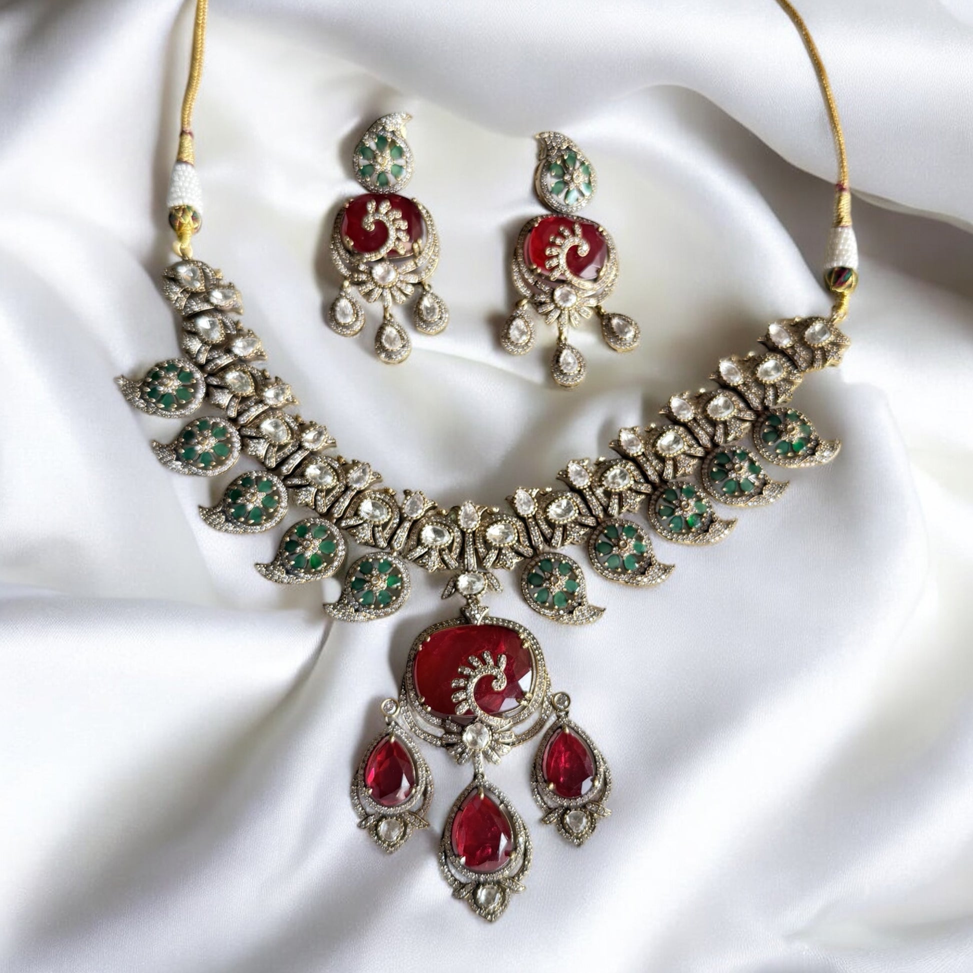 Vedika Red Green Polki Necklace Set - MIARAA