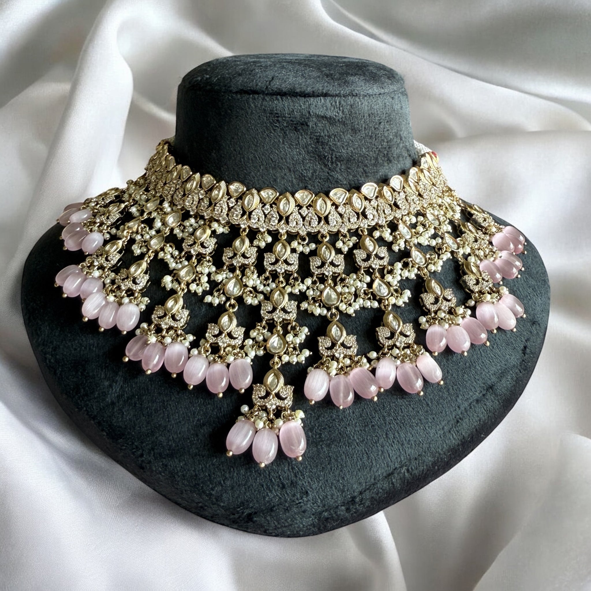 Savya Light Pink Polki Necklace Set - MIARAA
