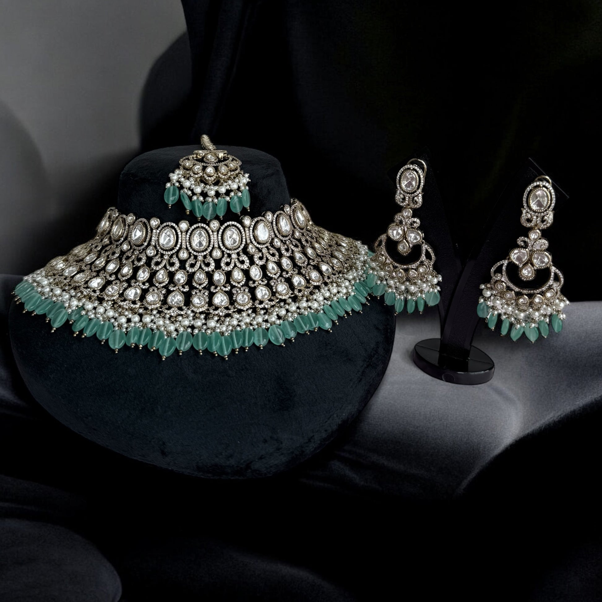 Yuvika Aqua Green Polki Necklace Set - MIARAA
