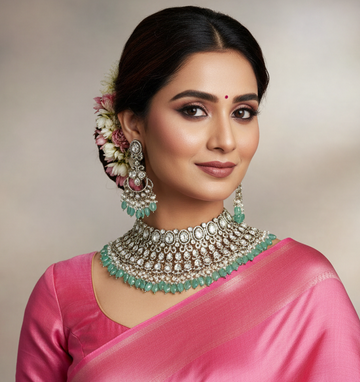 Yuvika Aqua Green Polki Necklace Set