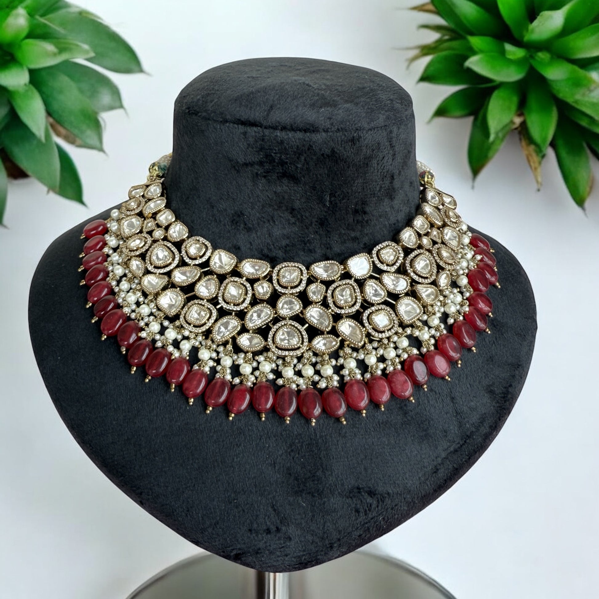 Riya Ruby Pink Polki Necklace Set - MIARAA