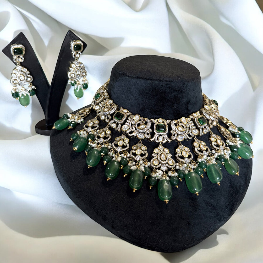 Tara Emerald Green Polki Necklace Set - MIARAA