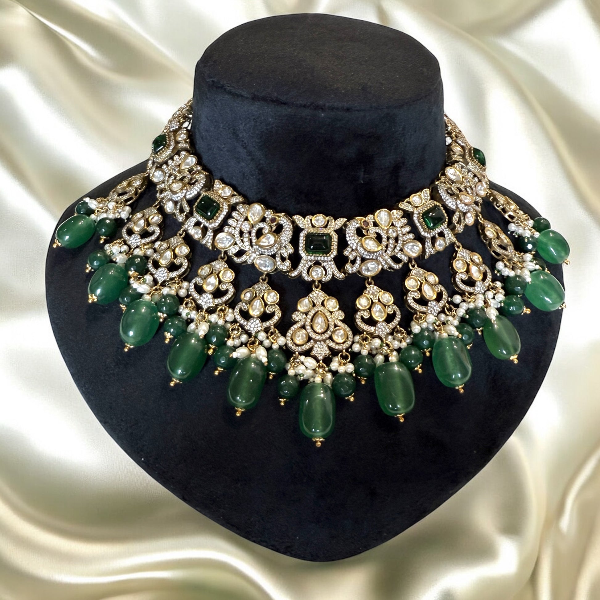 Tara Emerald Green Polki Necklace Set - MIARAA