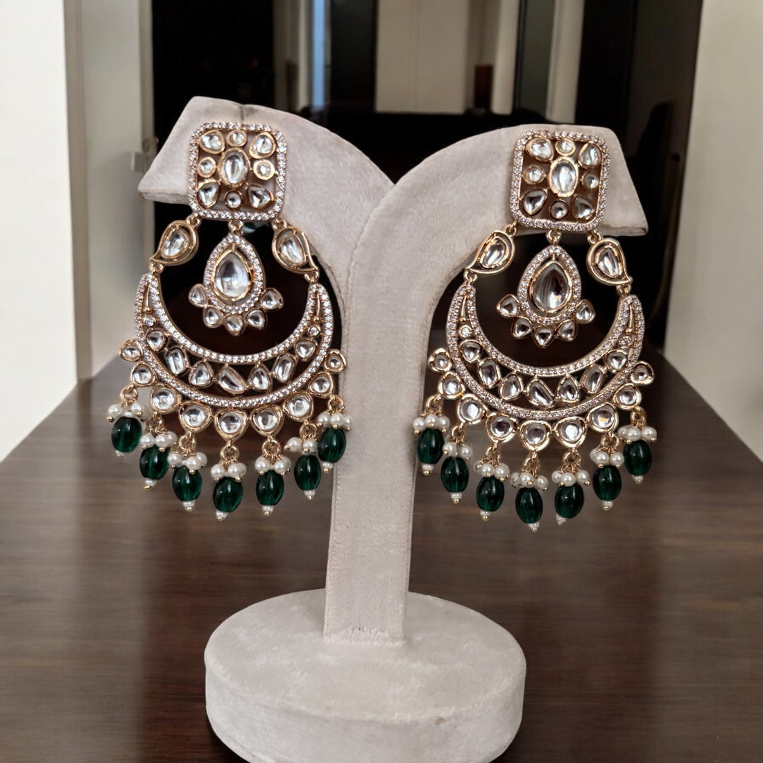 Ranchi Green Pearl Chandbali Earrings With MangTika- MIARAA