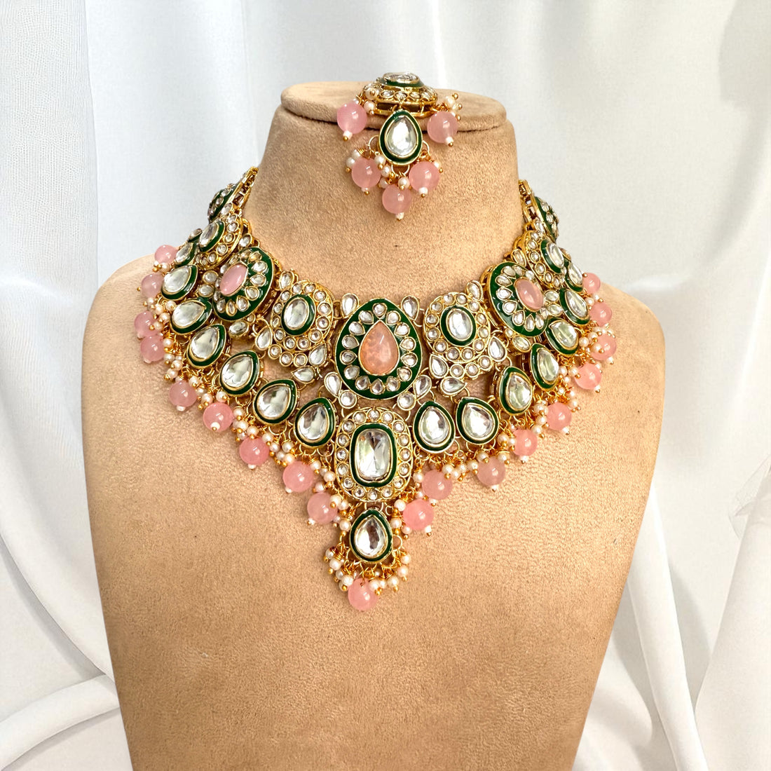 Pink and Green Kundan Necklace Set