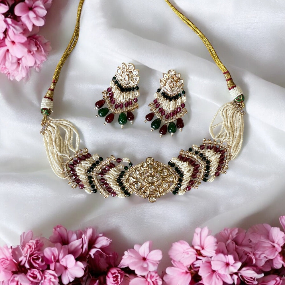 Mini Multicolor Polki Necklace Set - MIARAA