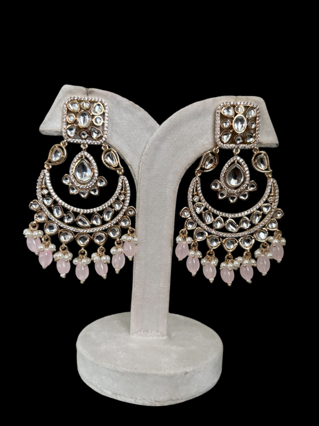 Ranchi Pink Pearl Chandbali Earrings With MangTika- MIARAA