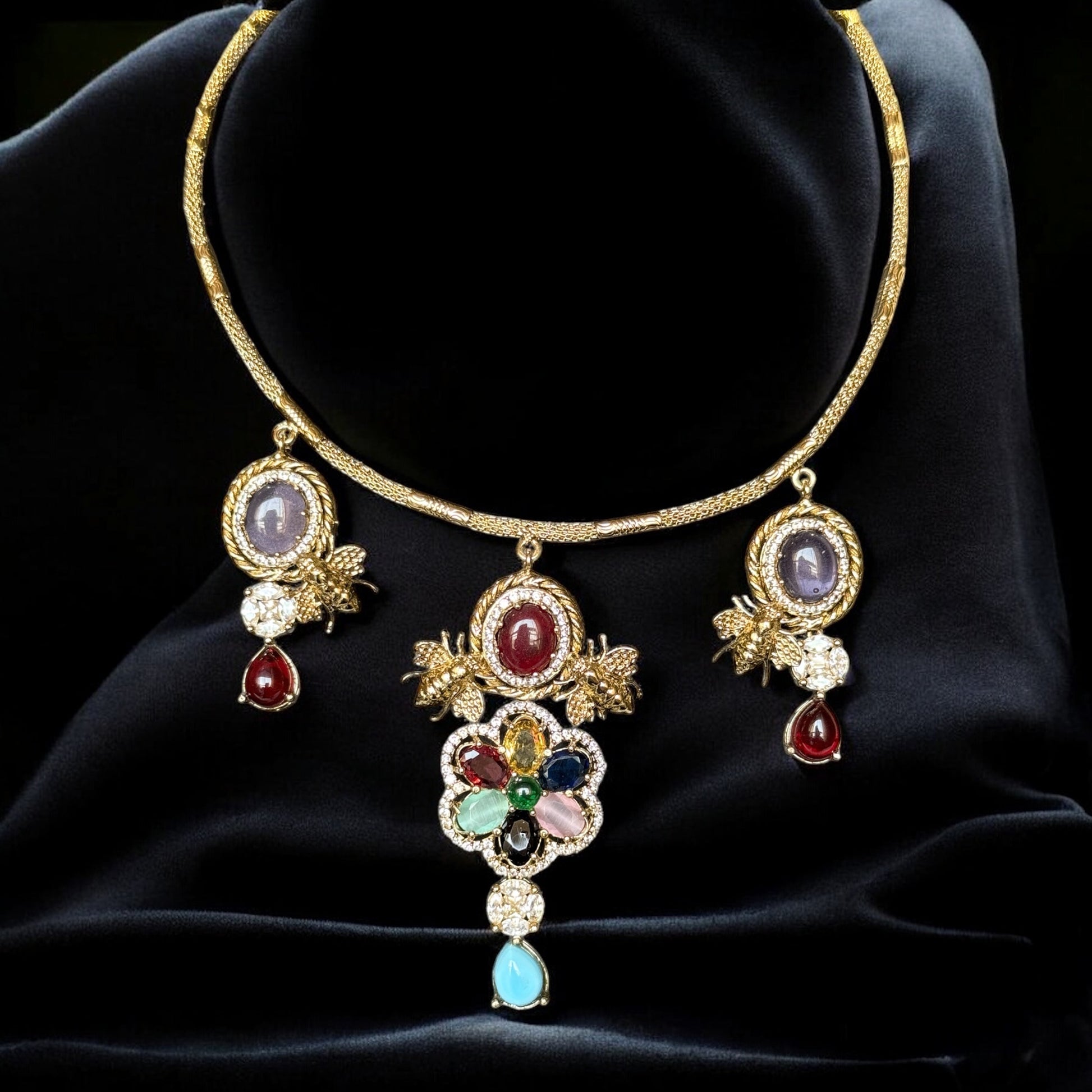 Ranchi Multicolor Polki Stone Necklace Set - MIARAA