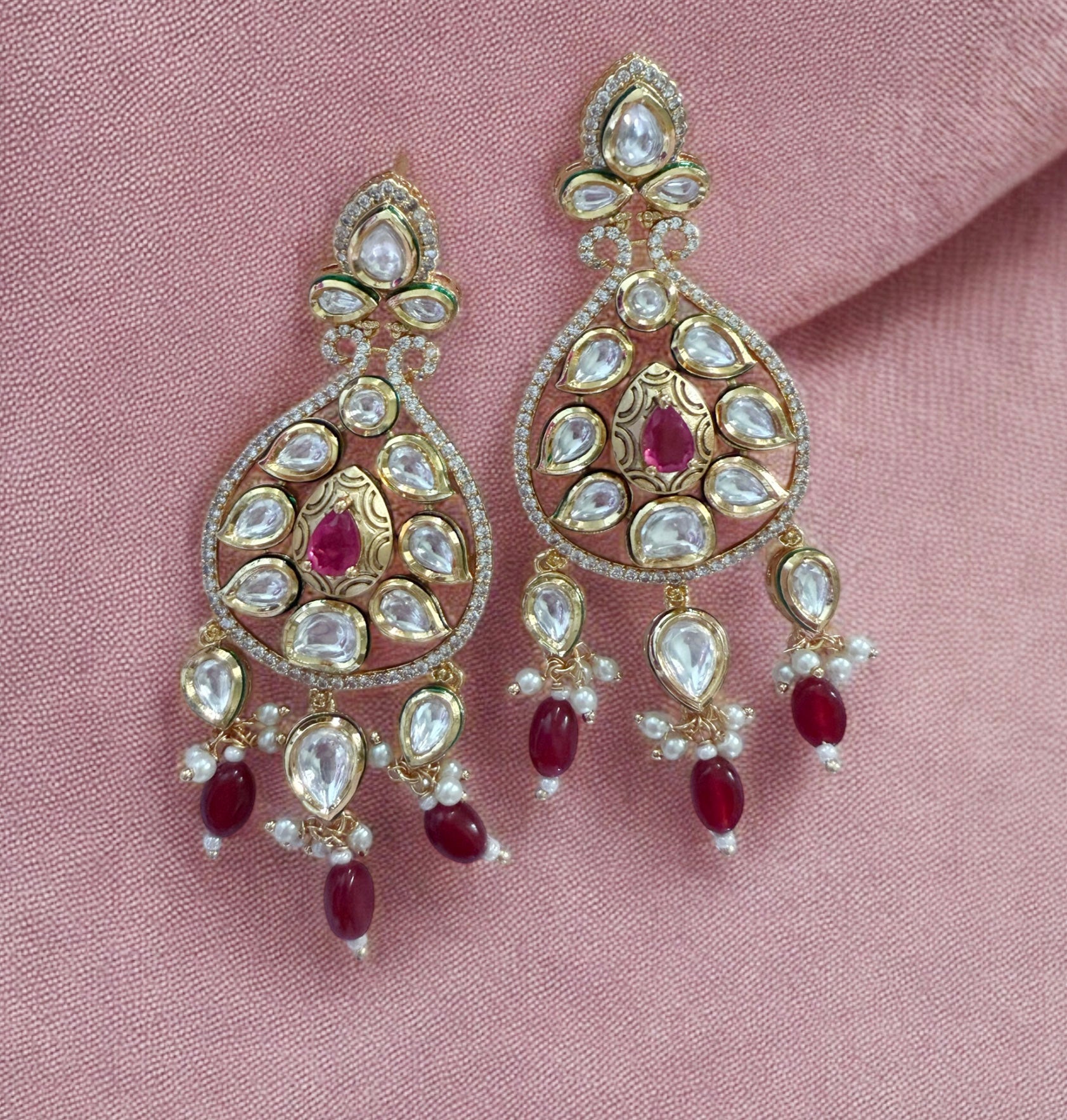 Adhya Ruby Pink Moissanite Polki Earrings - MIARAA