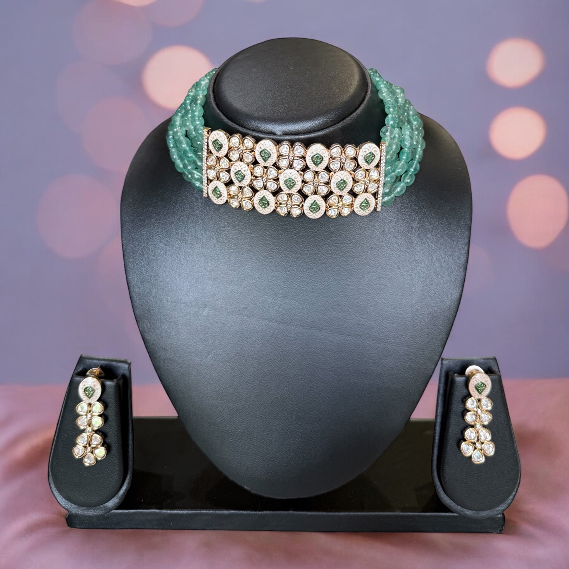 Jahnavi Green Polki Necklace Set - MIARAA