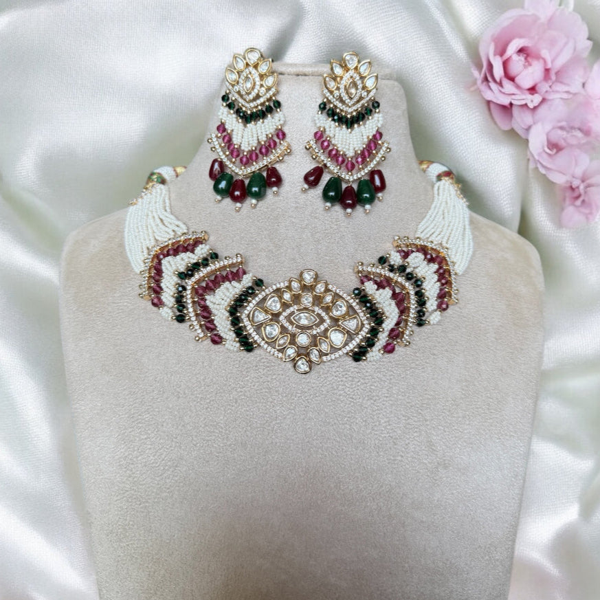 Mini Multicolor Polki Necklace Set - MIARAA