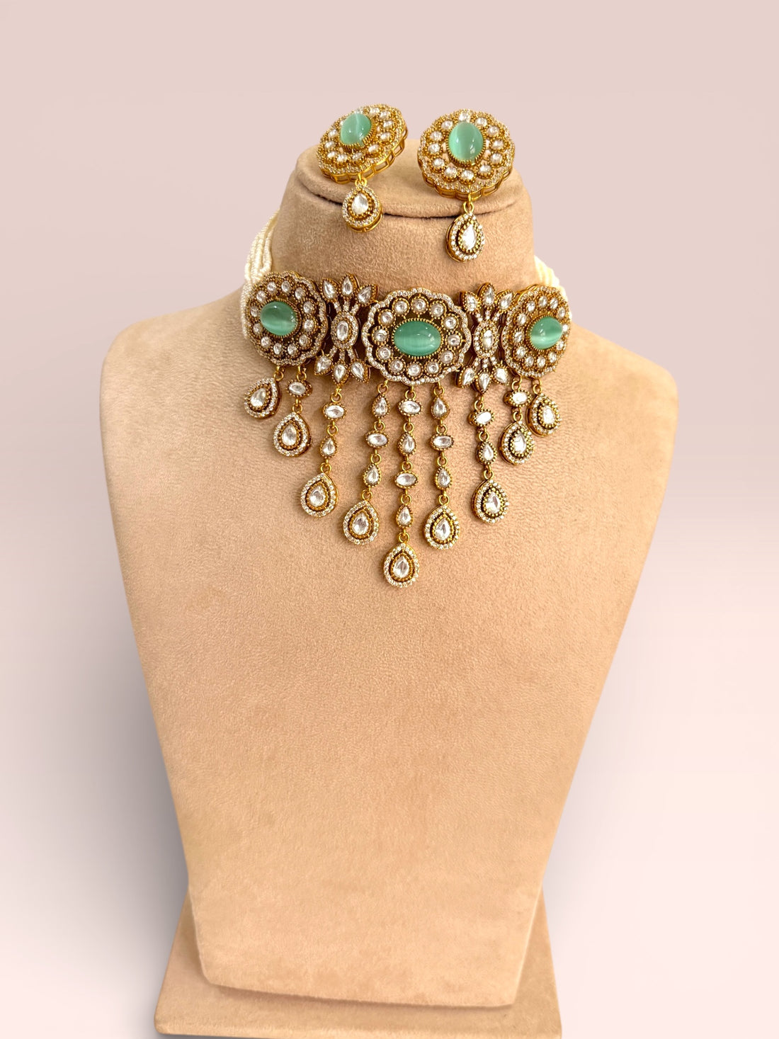 Heer Aqua Green Polki Kundan Necklace Set