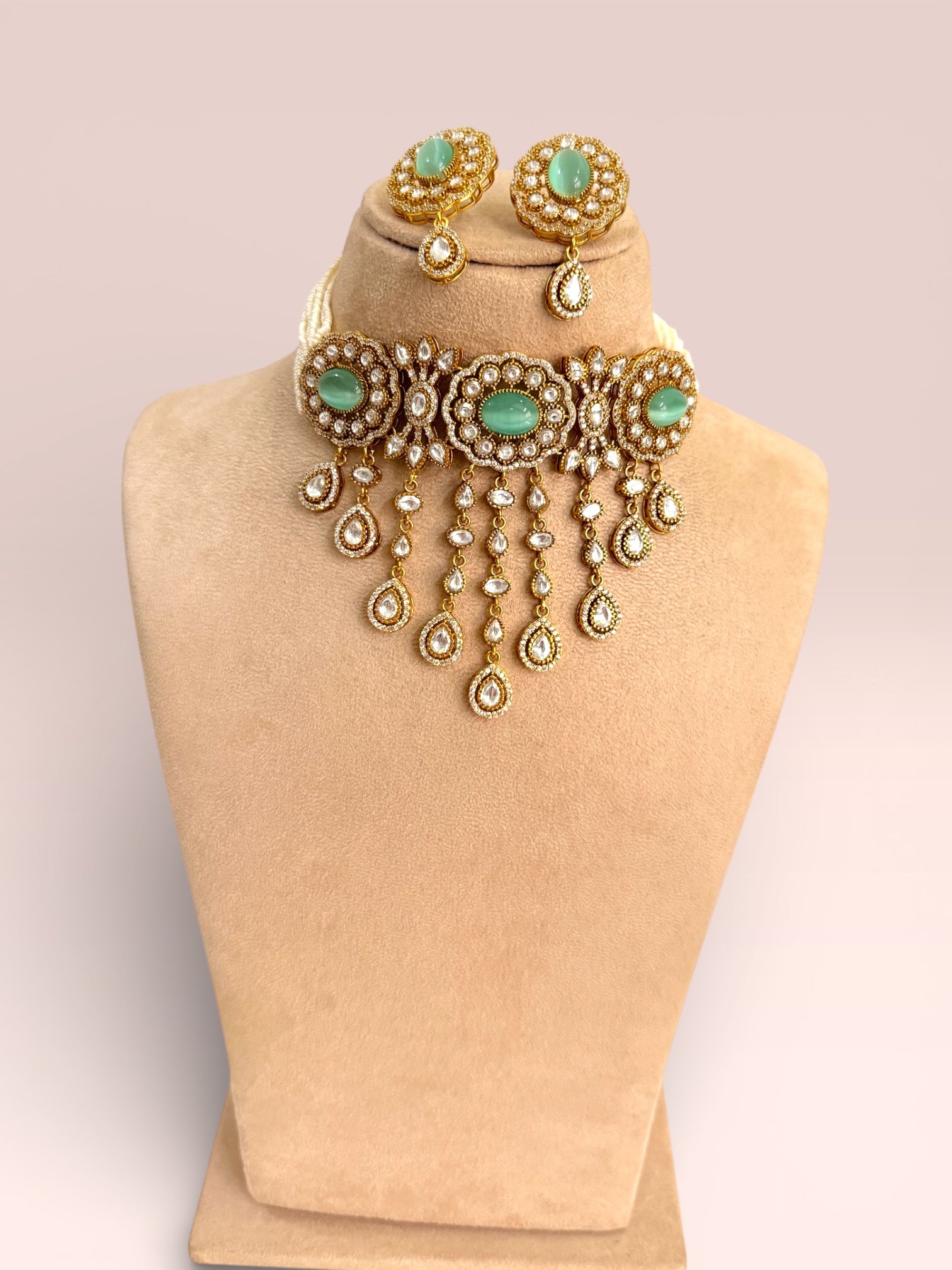 Heer Aqua Green Polki Kundan Necklace Set