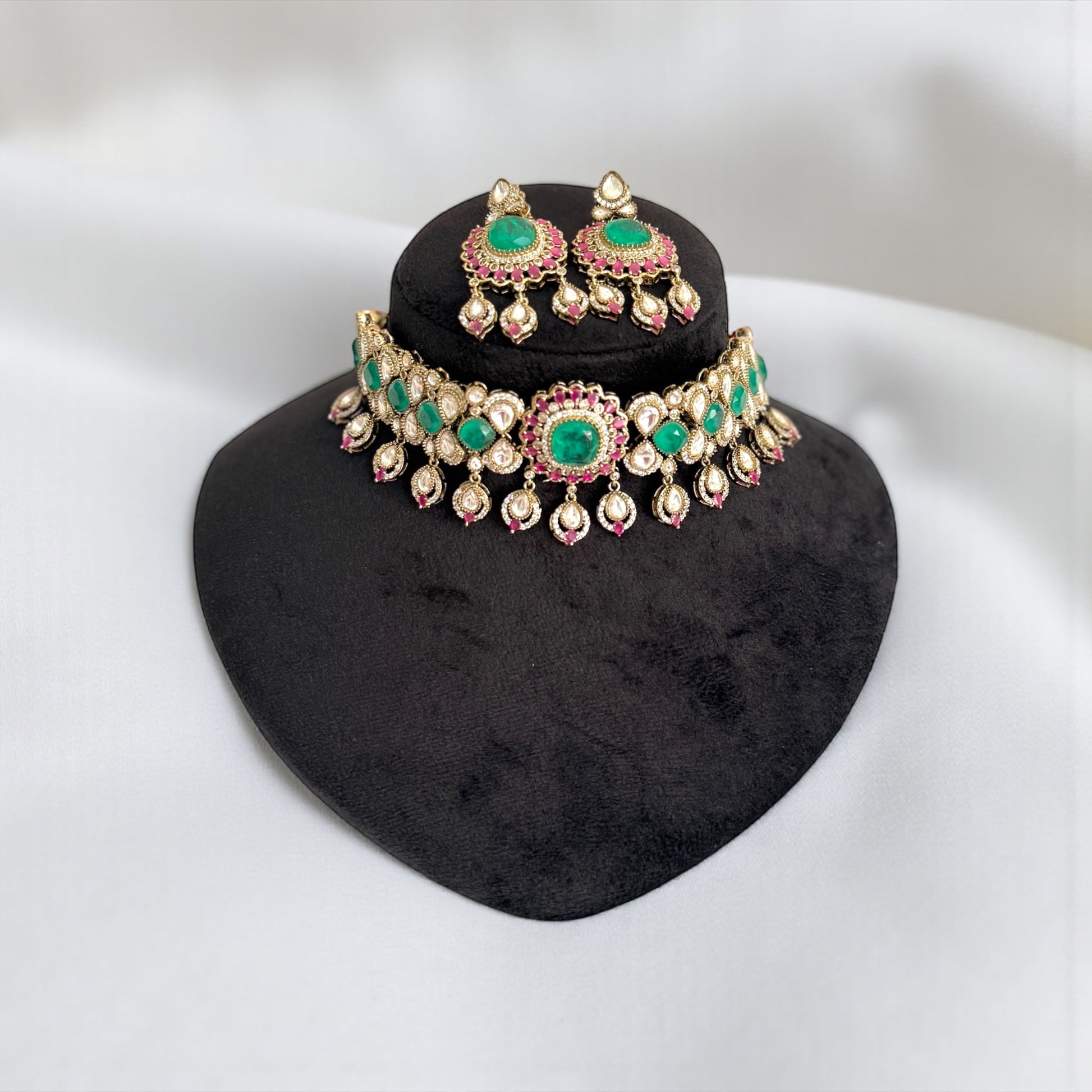 miaraa Lavi Ruby Green Polki Kundan Necklace Set