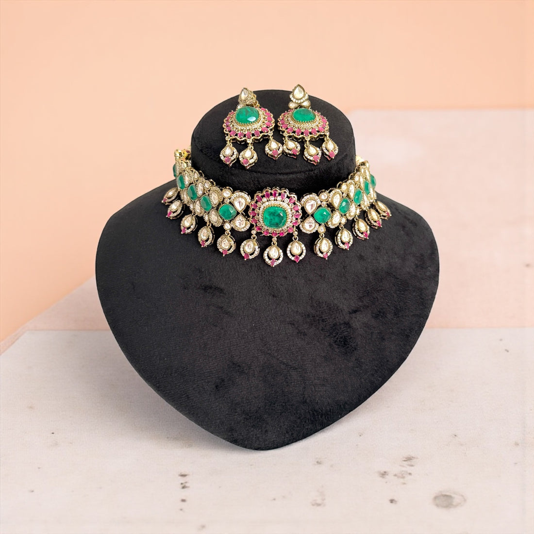 miaraa Lavi Ruby Green Polki Kundan Necklace Set