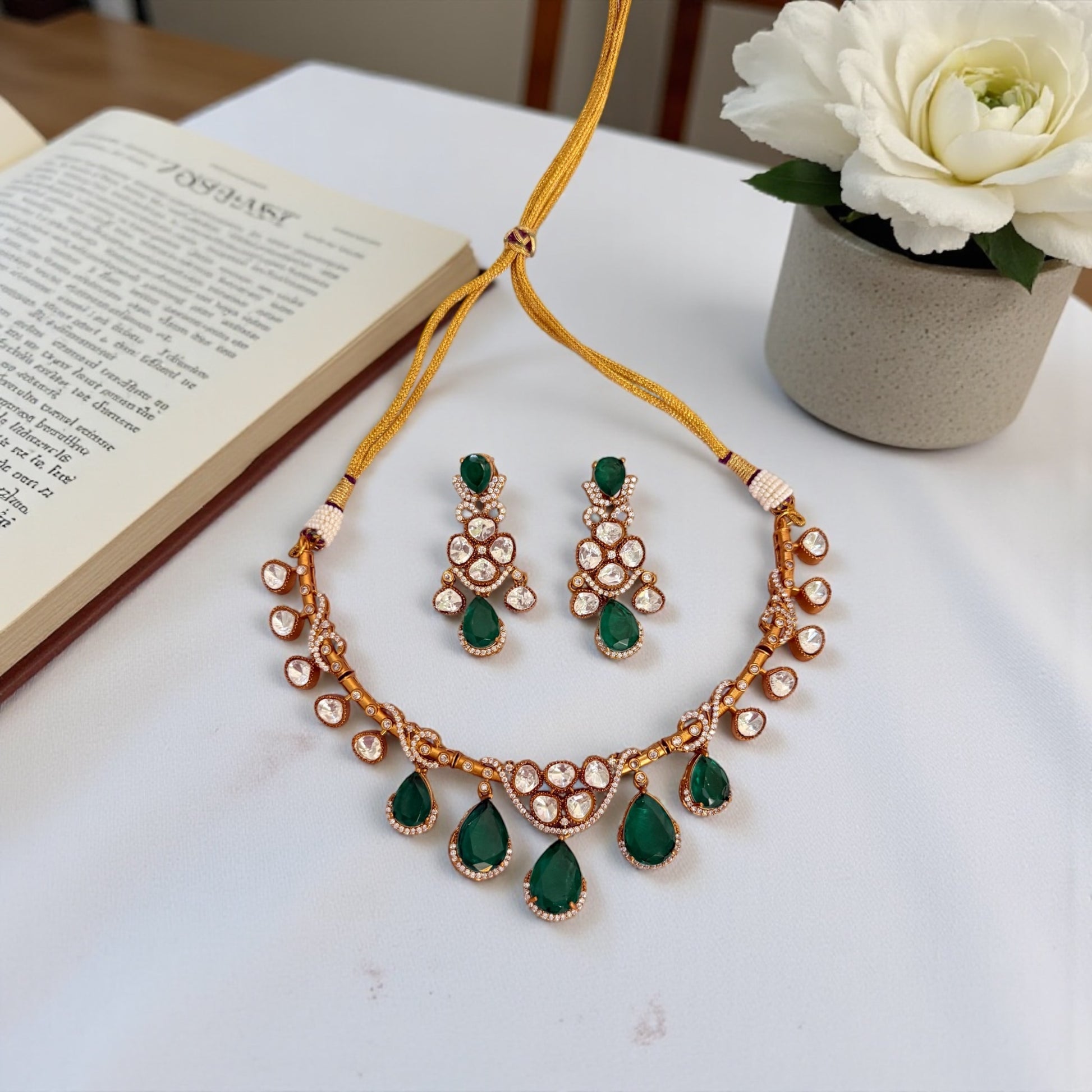 miaraa Shagun Green Polki Kundan Necklace Set